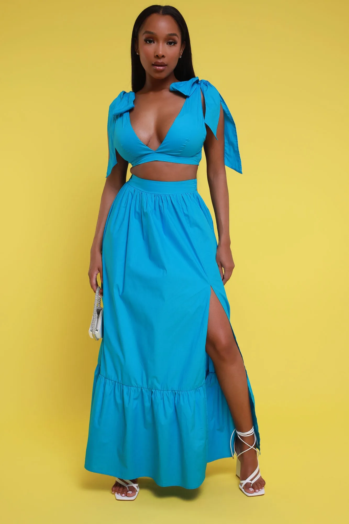 Anywhere With You Cropped Maxi Skirt Set - Blue