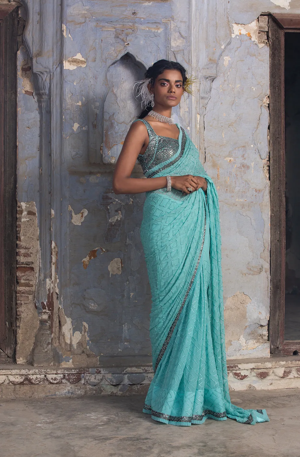 Aqua Blue Chiffon Saree