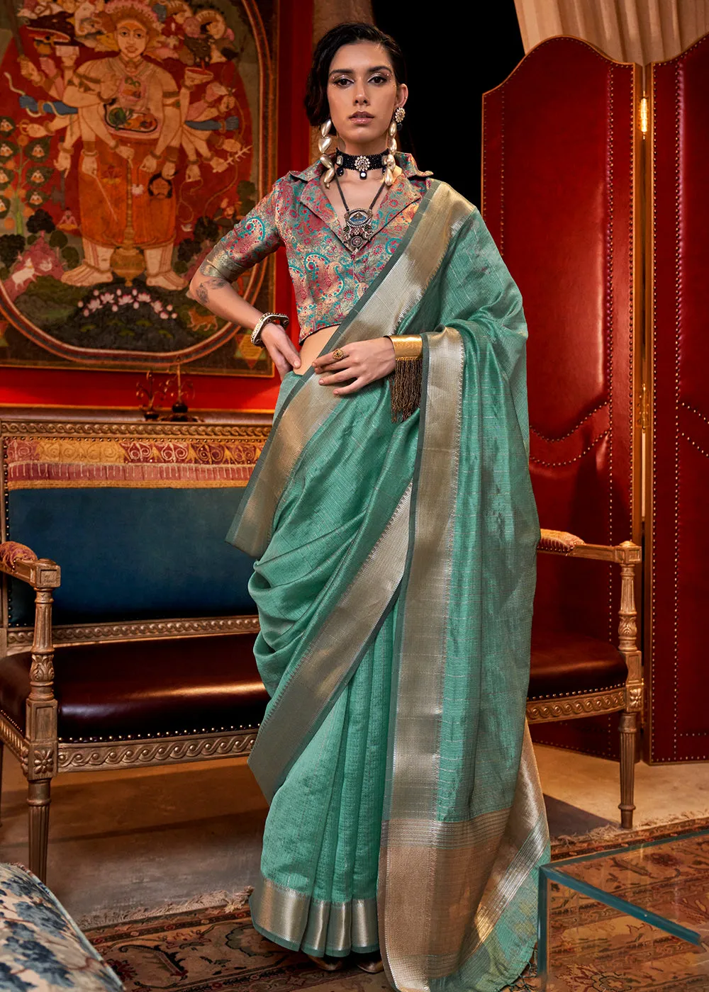 Aqua Green Moss Chiffon Party Style Designer Saree