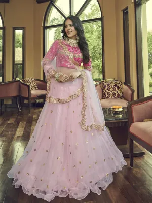 Baby Pink Net Embroidered Lehenga Choli