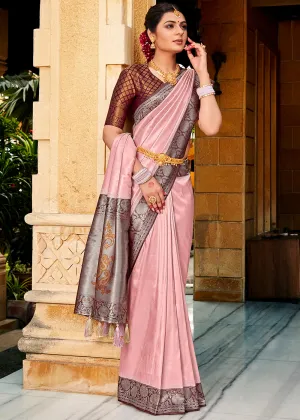 Baby Pink Zari Woven Kanjivaram Silk Saree with Contrast Border & Pallu