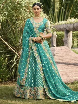 Beautiful Firozi Embroidery Work Organza Silk Lehenga