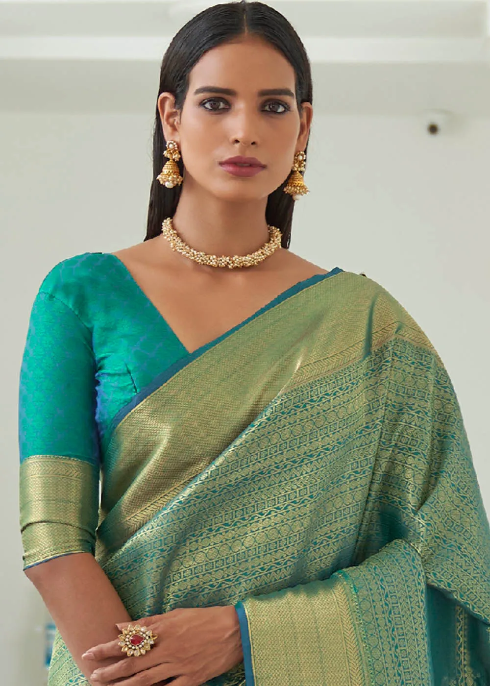 Caribbean Green Woven Kanjivaram Silk Saree