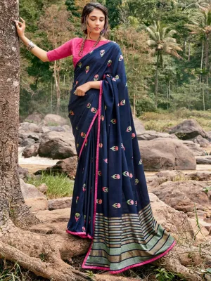 Designer Blue Printed Chiffon Saree for Women With Blouse