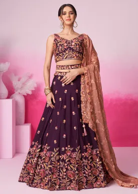 Designer Burgundy Chiffon Embroidered Wedding Lehenga Choli