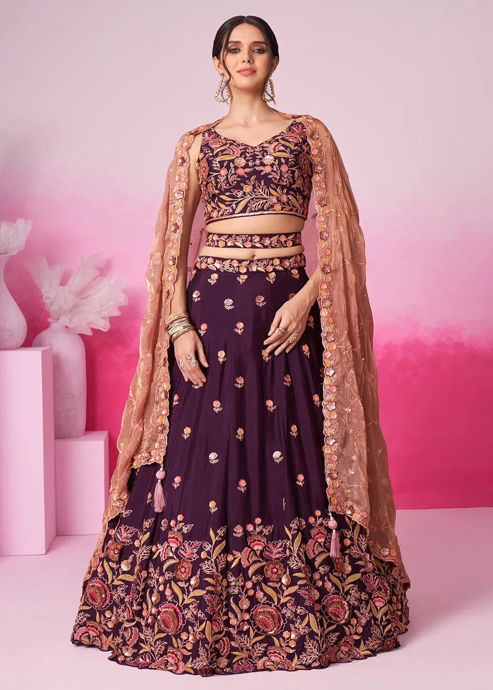 Designer Burgundy Chiffon Embroidered Wedding Lehenga Choli