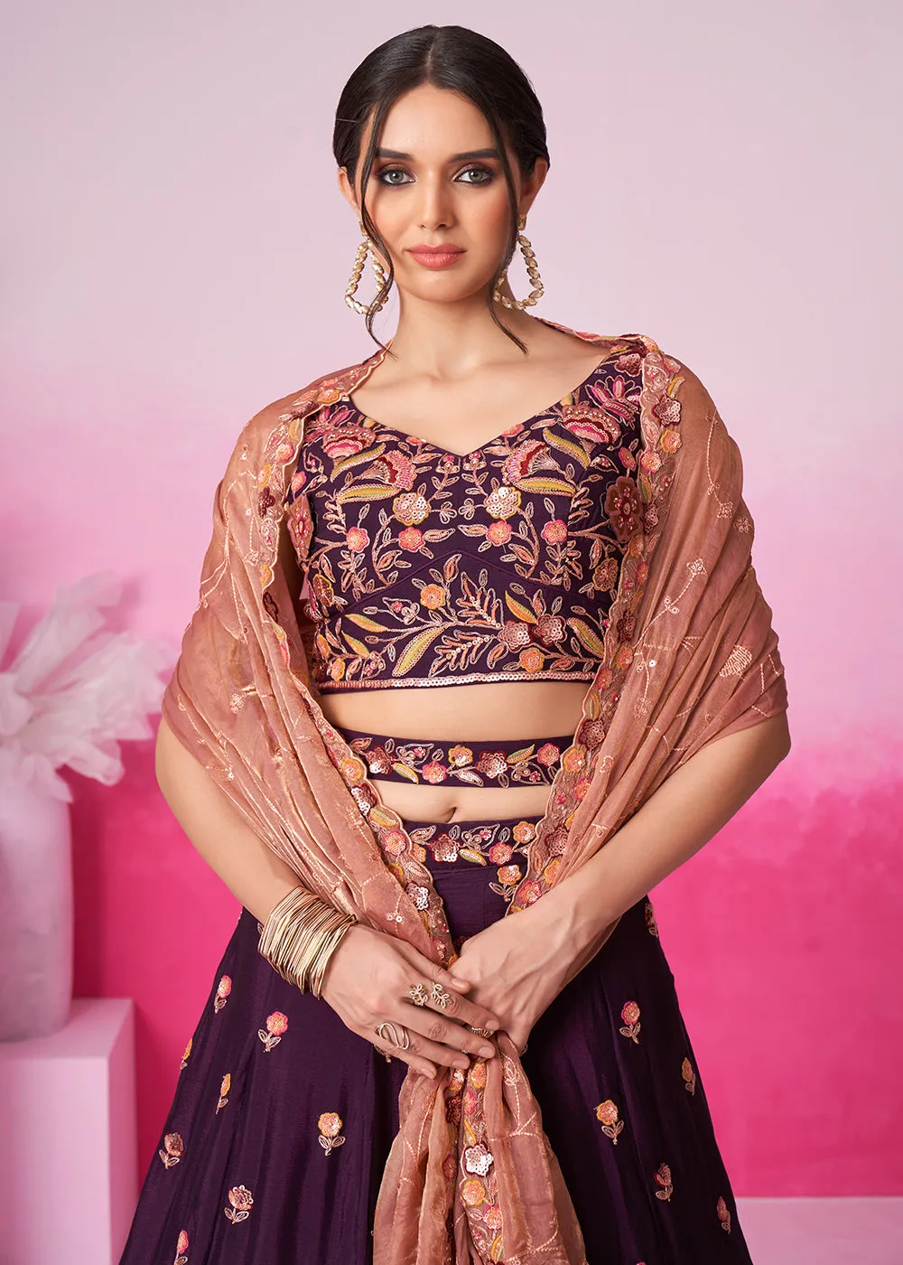 Designer Burgundy Chiffon Embroidered Wedding Lehenga Choli