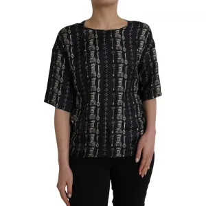 Dolce & Gabbana Black Key Castle Print Silk Blouse T-shirt