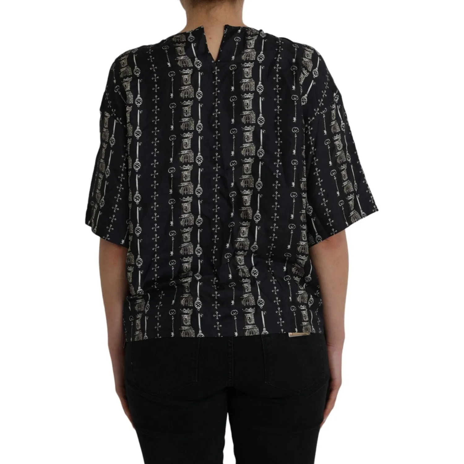 Dolce & Gabbana Black Key Castle Print Silk Blouse T-shirt