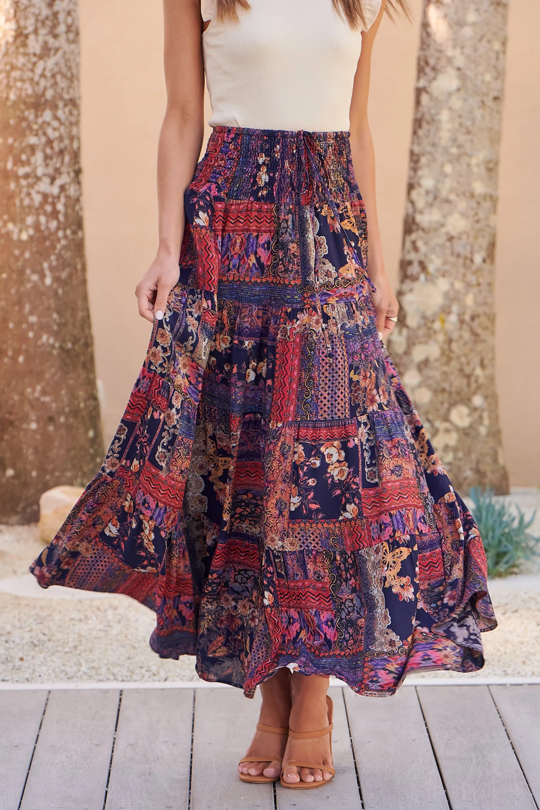 Fleur Navy/Pink Bohemian Print Maxi Skirt