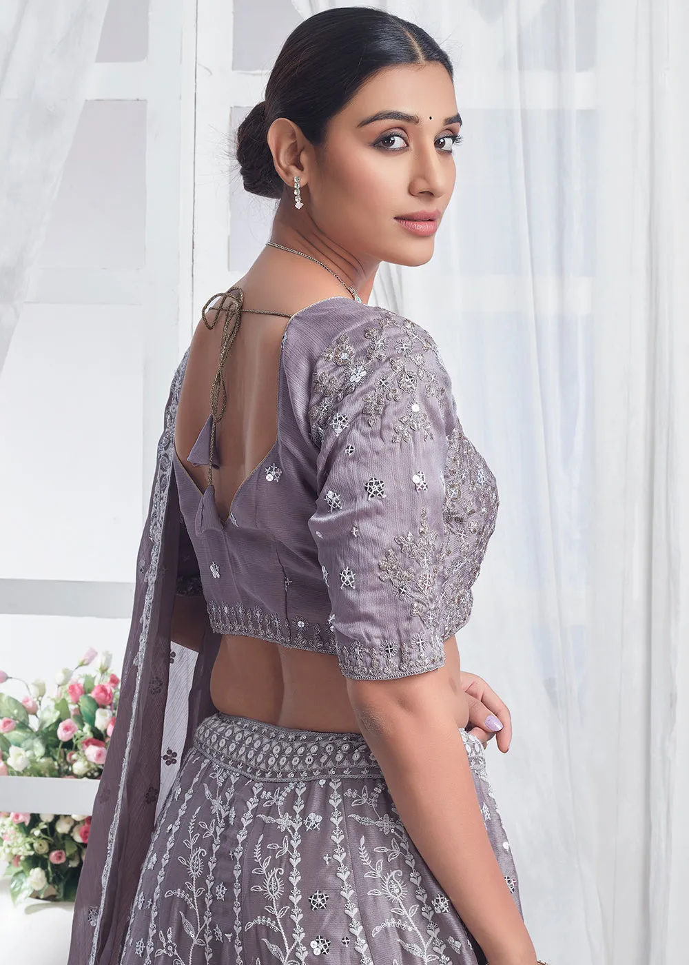 Grey Designer Style Embroidered Wedding Lehenga Choli