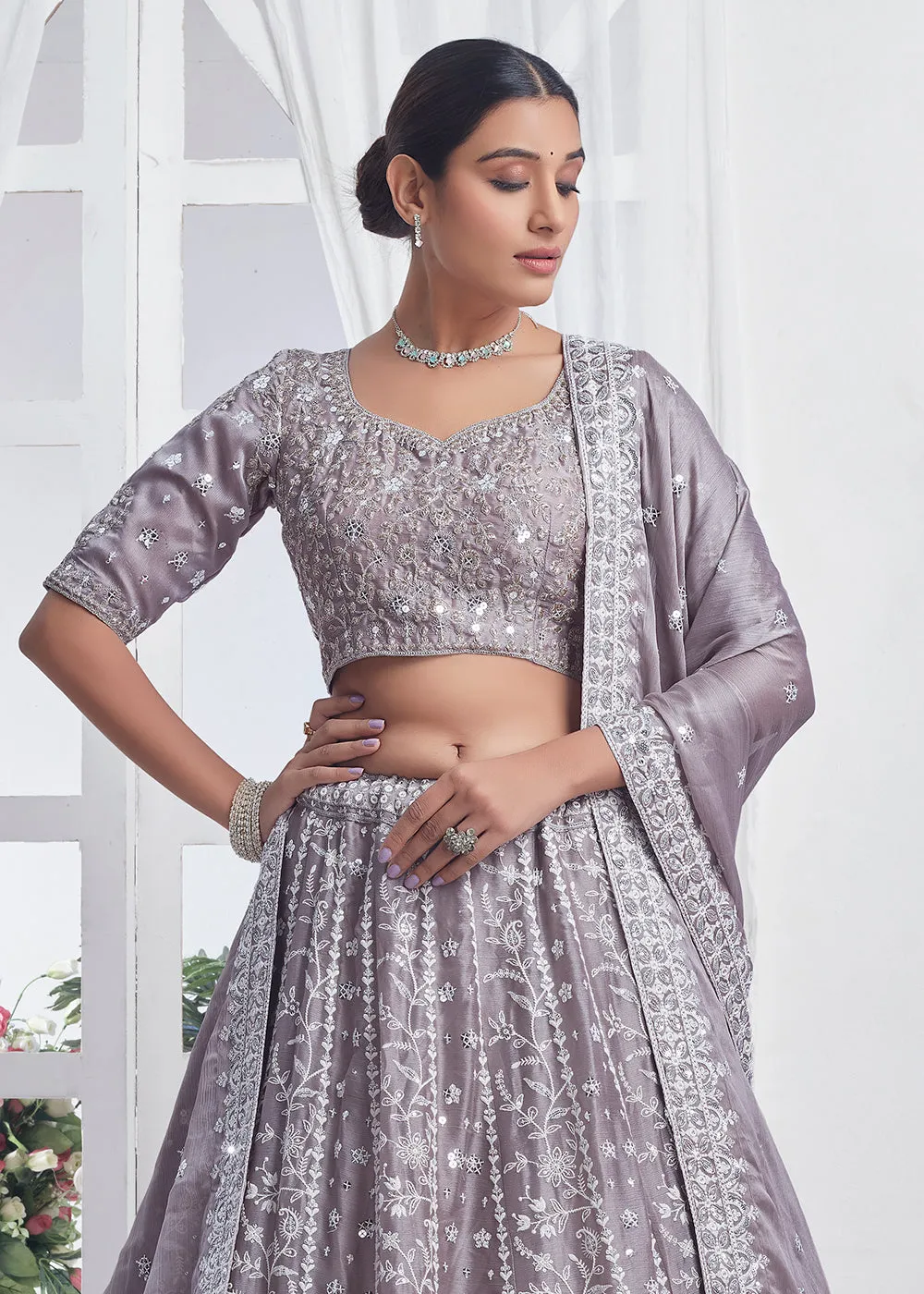 Grey Designer Style Embroidered Wedding Lehenga Choli