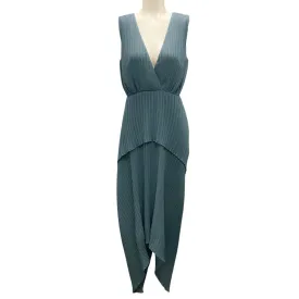 Halston Steel Blue Pleated Chiffon Sleeveless V-Neck Maren Dress