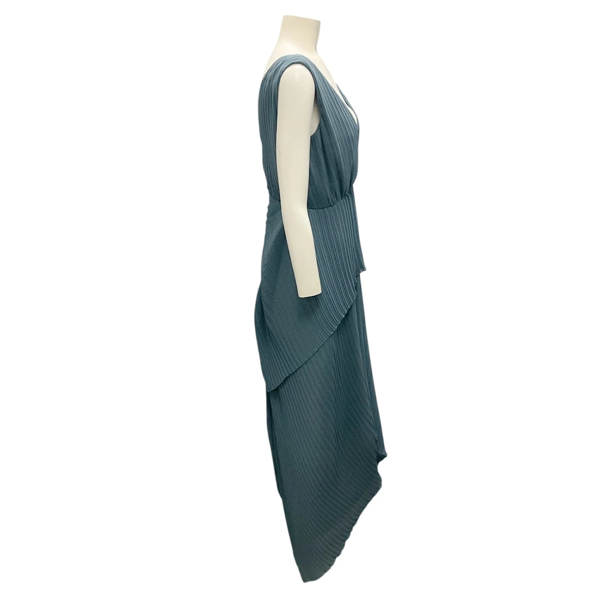 Halston Steel Blue Pleated Chiffon Sleeveless V-Neck Maren Dress