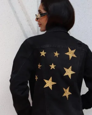 Jacket, Black Denim Oversized, Gold Stars