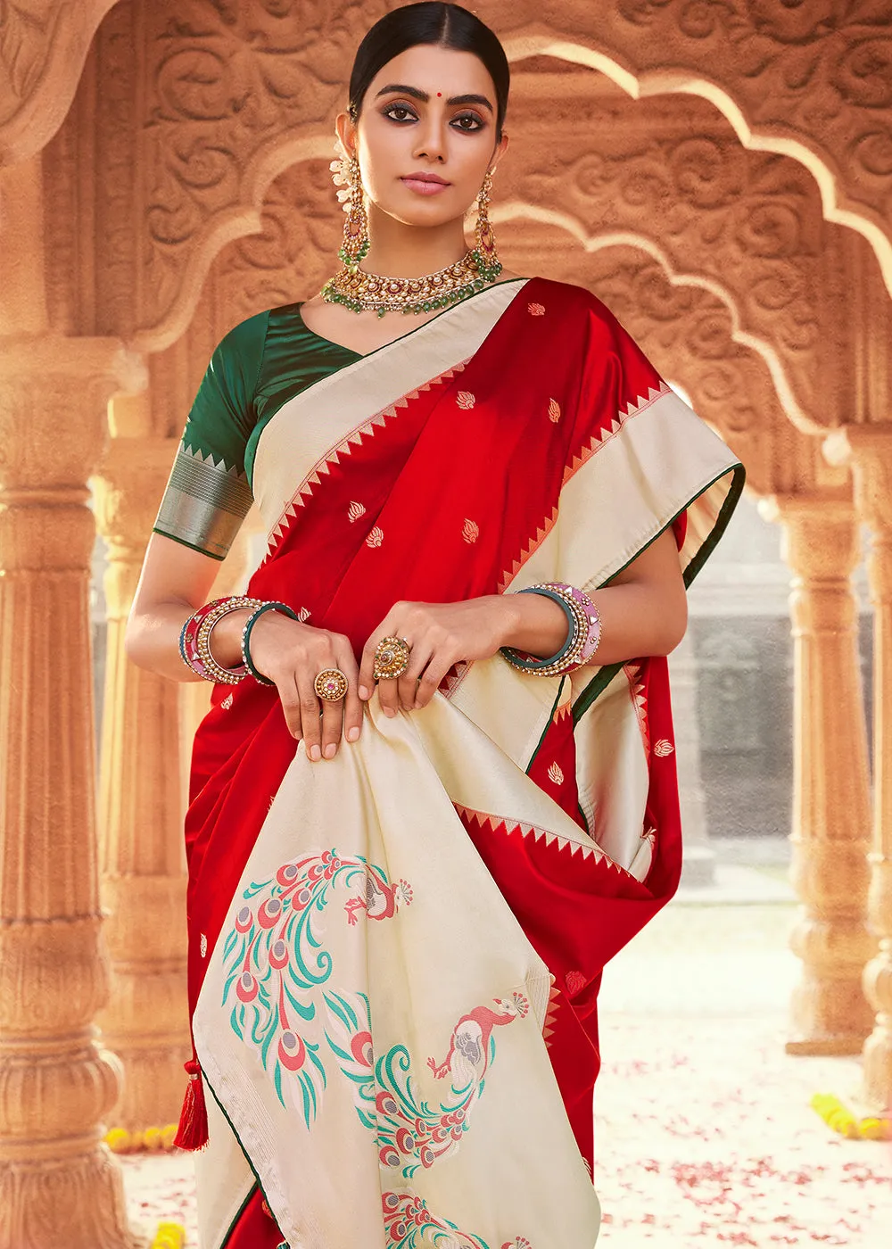 Lipstick Red Woven Kanjivaram Silk Saree