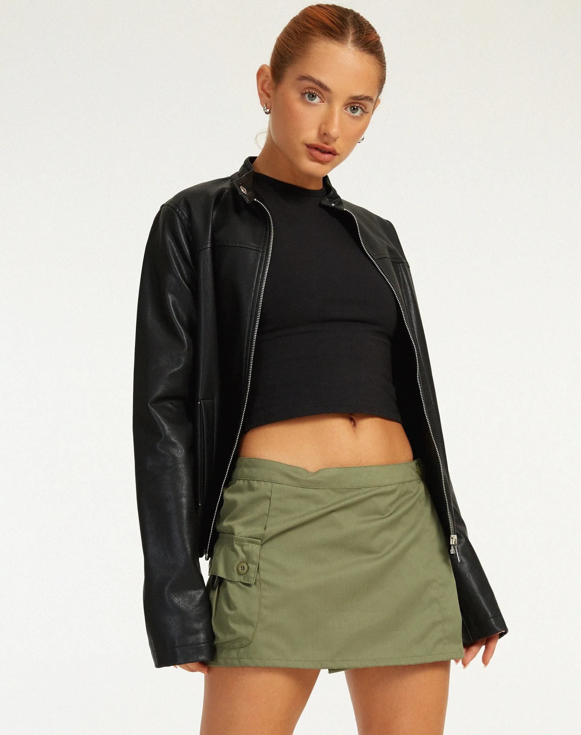 MOTEL X BARBARA Zephyr Mini Cargo Skirt in Cotton Drill Olive