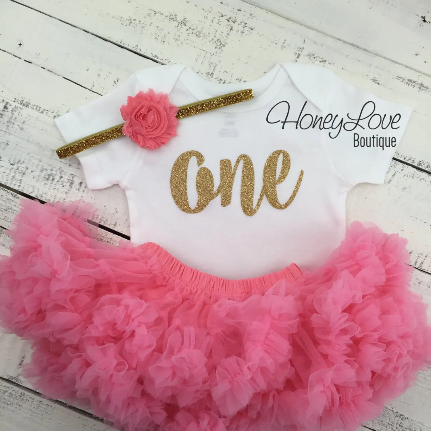 One - Birthday Outfit - Gold Glitter and Coral Pink