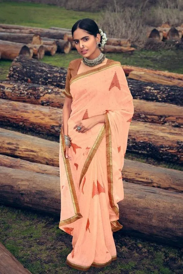 Peach Chiffon Fancy Lace Border Sarees Online