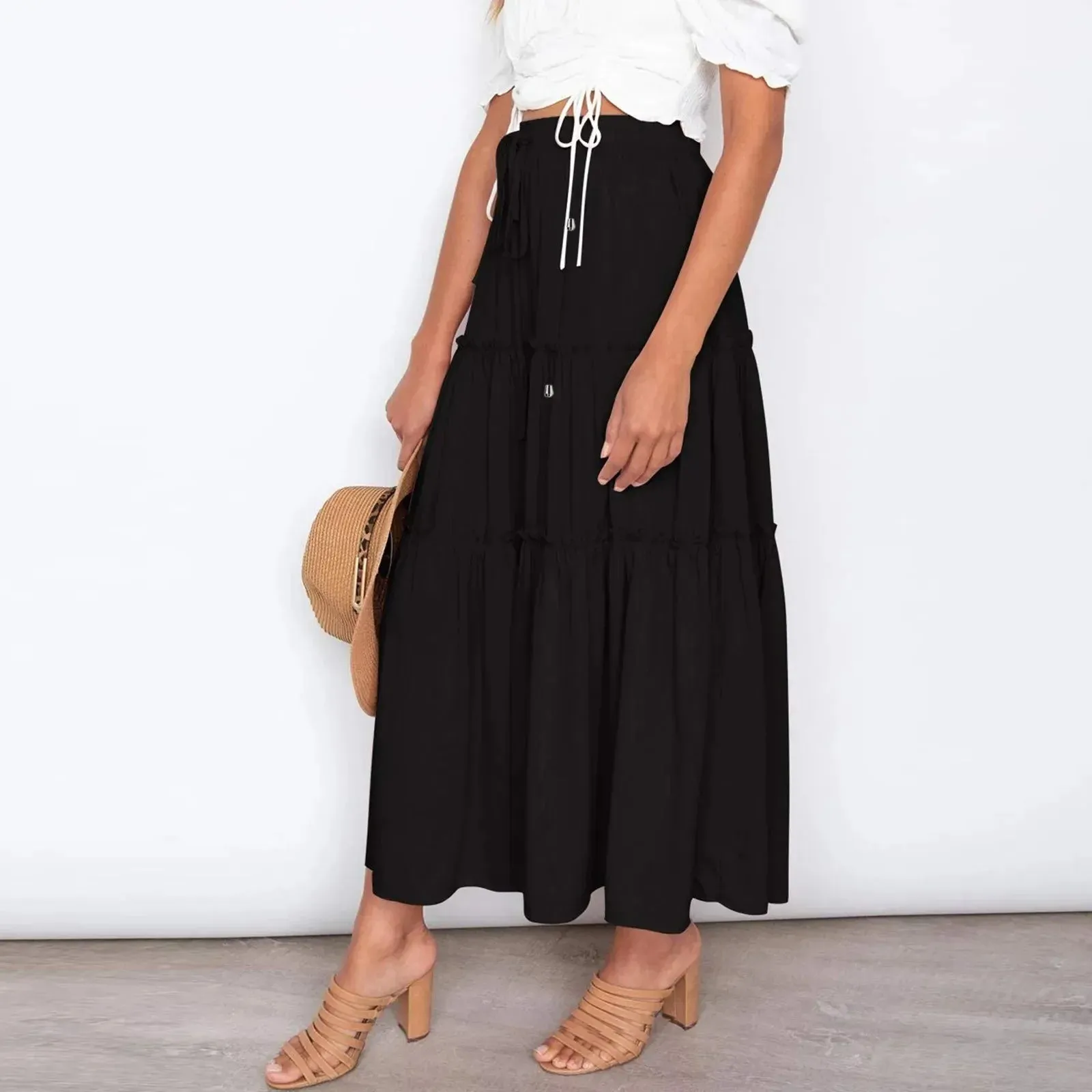 Pleated Skirt Large Hem High Waist Elastic Patchwork Cake A-line Boho Swing Beach Vintage Maxi Boho Skirt