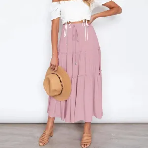 Pleated Skirt Large Hem High Waist Elastic Patchwork Cake A-line Boho Swing Beach Vintage Maxi Boho Skirt