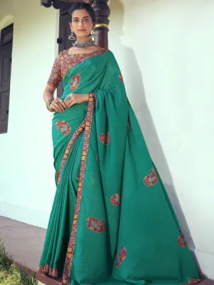 Pure Chiffon Printed Green Saree with Designer Blouse