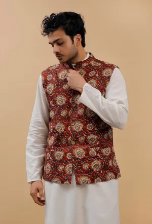 Red Floral Kalamkari Cotton Nehru Jacket