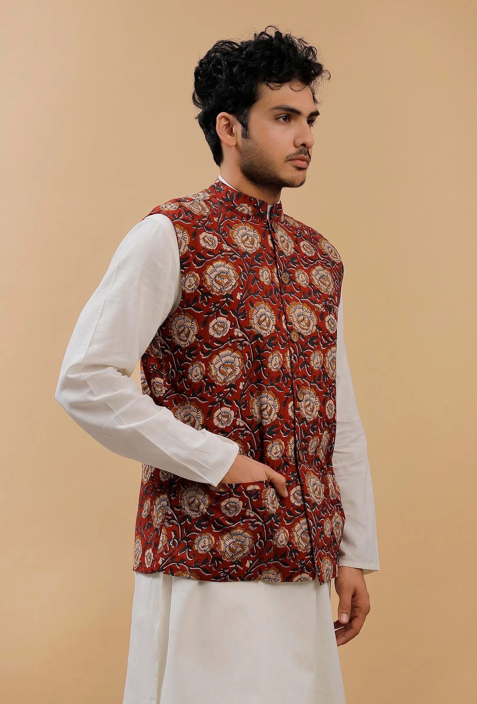 Red Floral Kalamkari Cotton Nehru Jacket