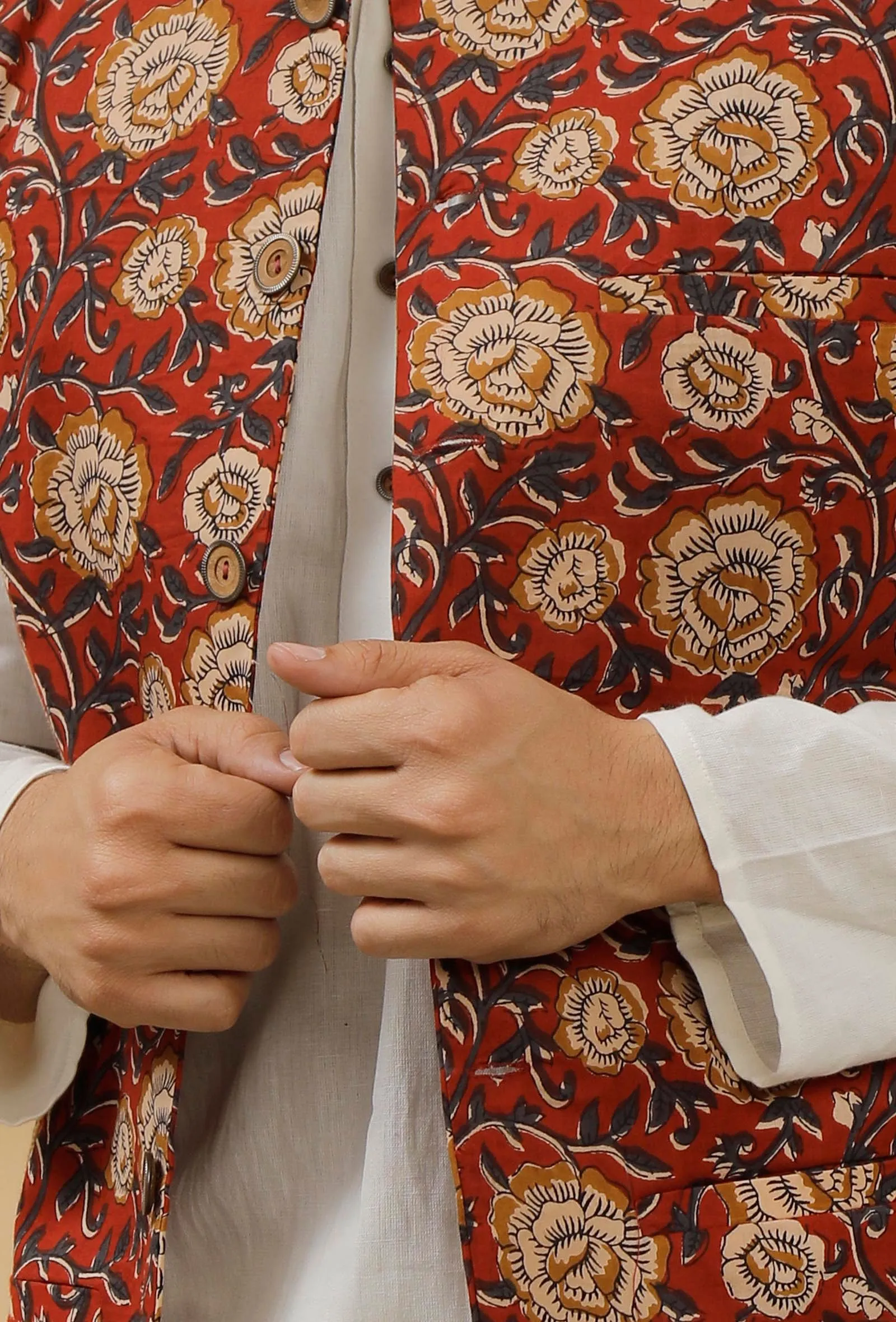 Red Floral Kalamkari Cotton Nehru Jacket