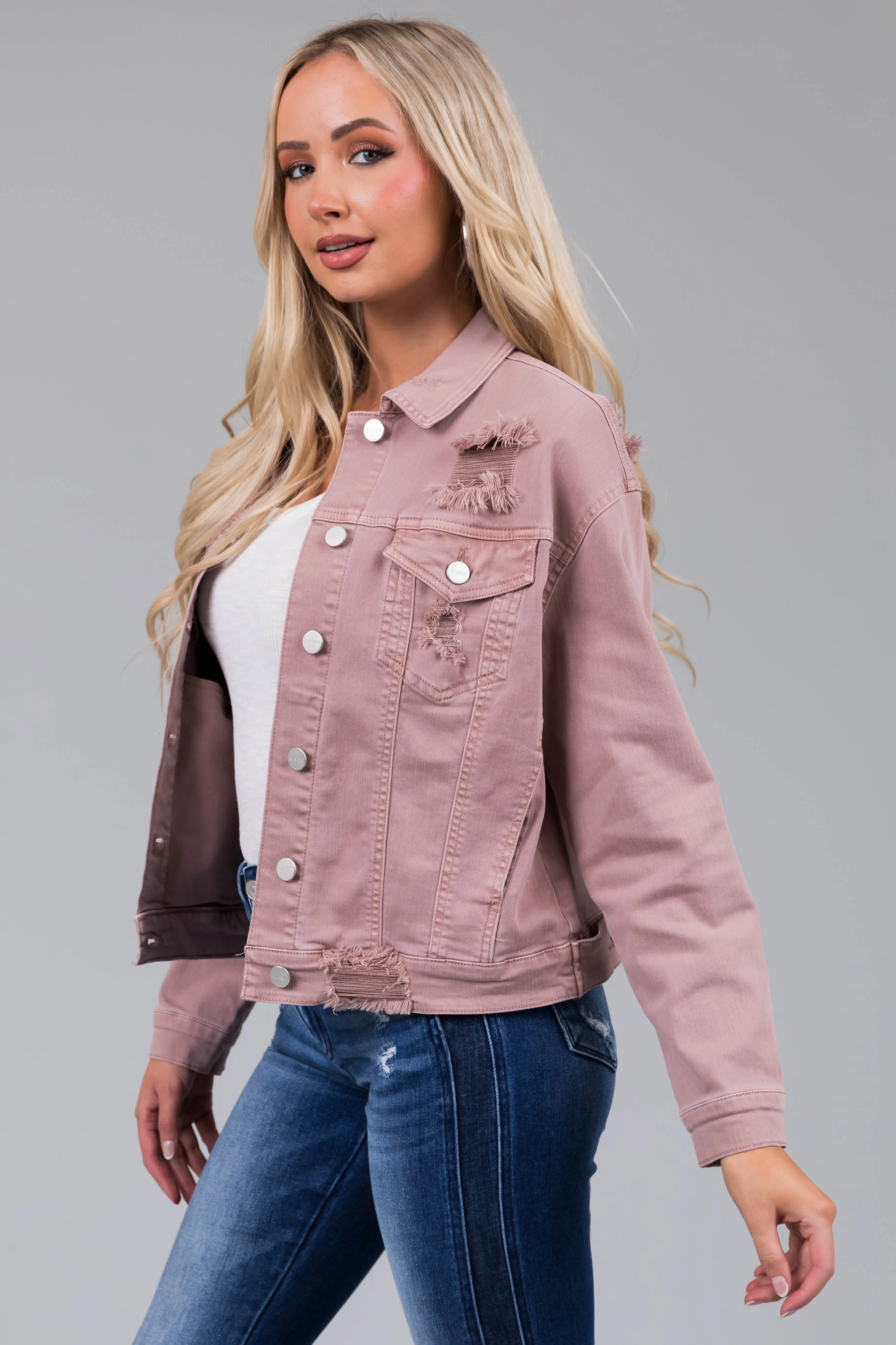 Risen Mauve Denim Distressed Button Up Jacket