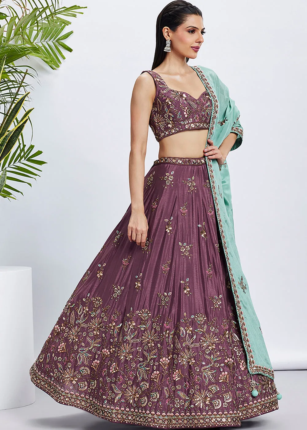 Rose Gold Pure Chiffon Sequins & Thread Designer Lehenga Choli