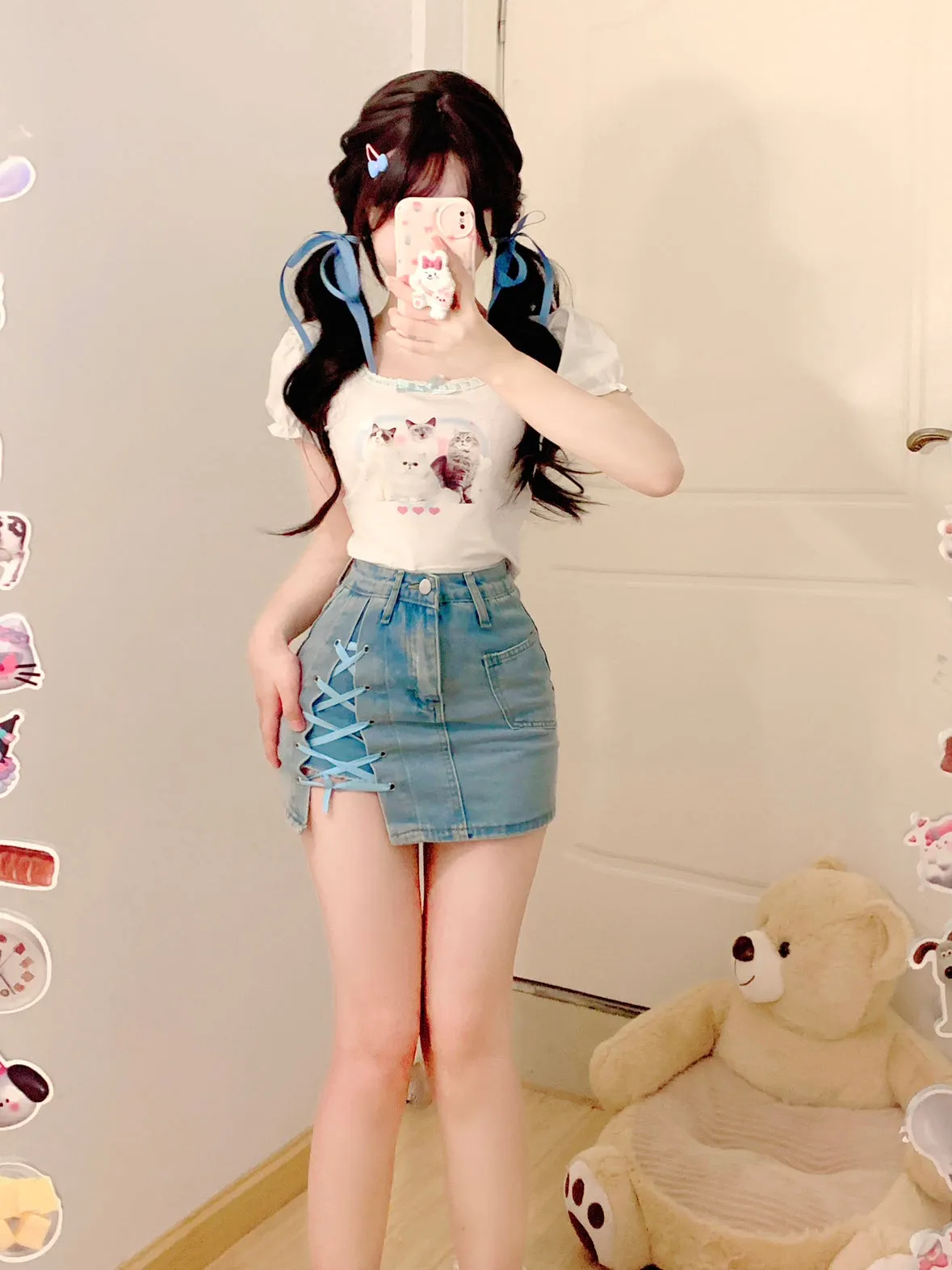 Serendipity Summer Cat Puff Sleeve Shirt & Blue Denim Mini Skirt Two Piece Set