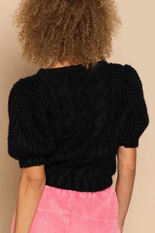 TEEK - Black Puff Sleeve Cable Sweater Top