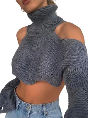 TEEK - Grey Off-Shoulder Short Turtleneck Sweater