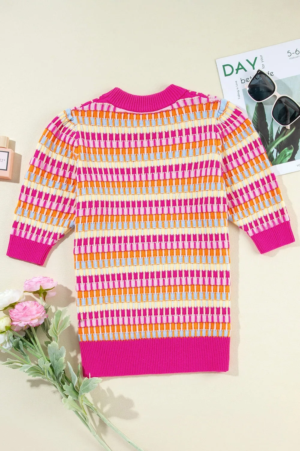 TEEK - Hot Pink Contrast Stitch Stripe Half Sleeve Knit Top