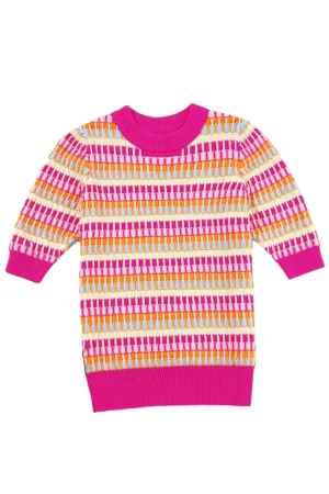 TEEK - Hot Pink Contrast Stitch Stripe Half Sleeve Knit Top