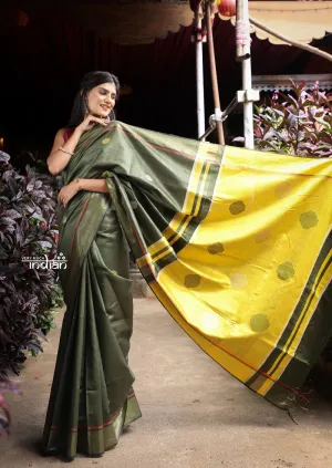 Utsaav ~ Raw Dupion Silk saree in Dark Olive Green and Pastel Yellow