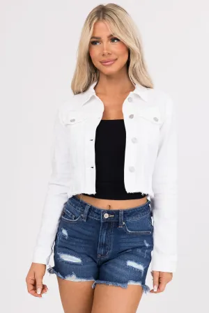 White Cropped Distressed Hem Denim Jacket