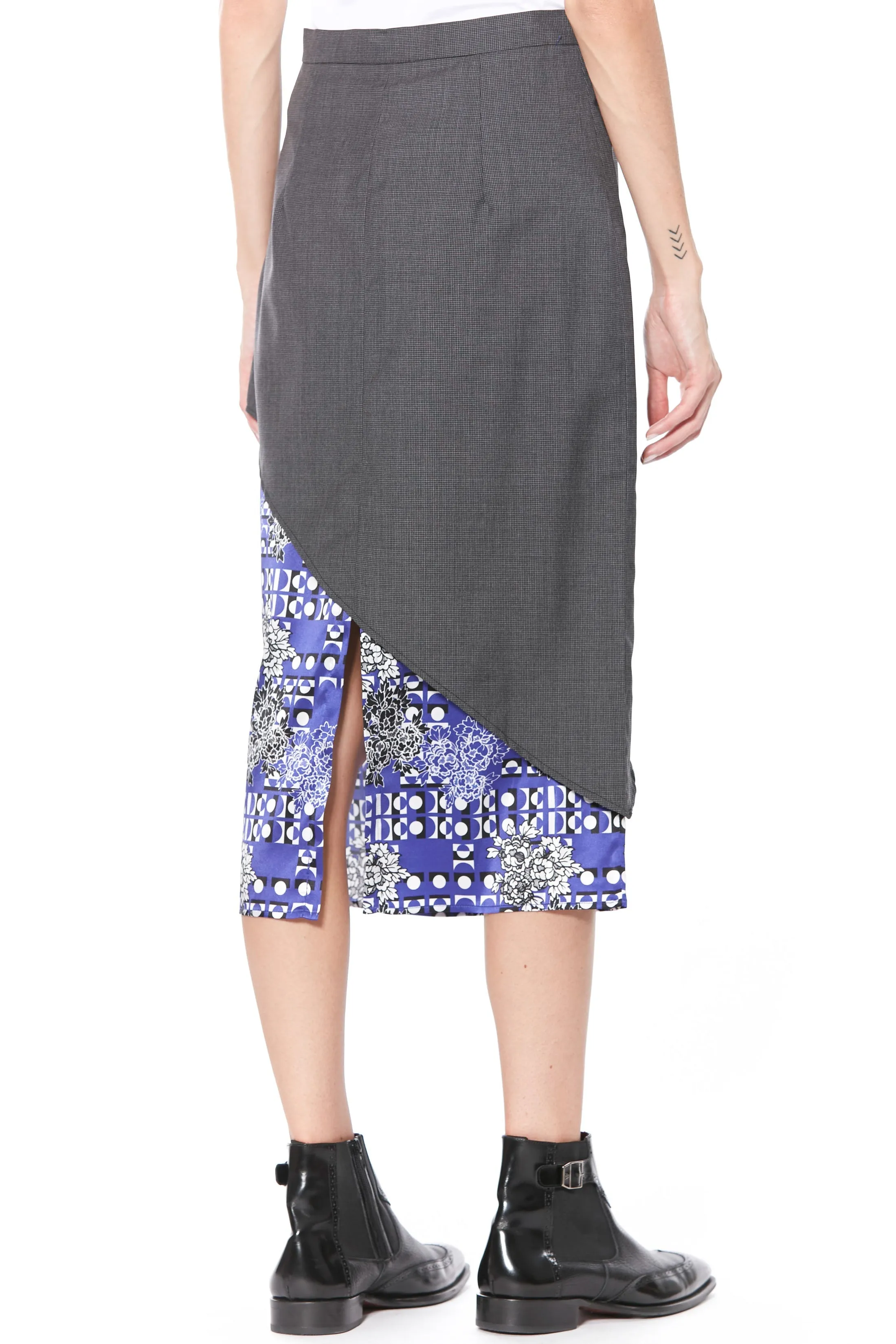 Wool and Silk Printed Blue Asymmetric Midi Skirt