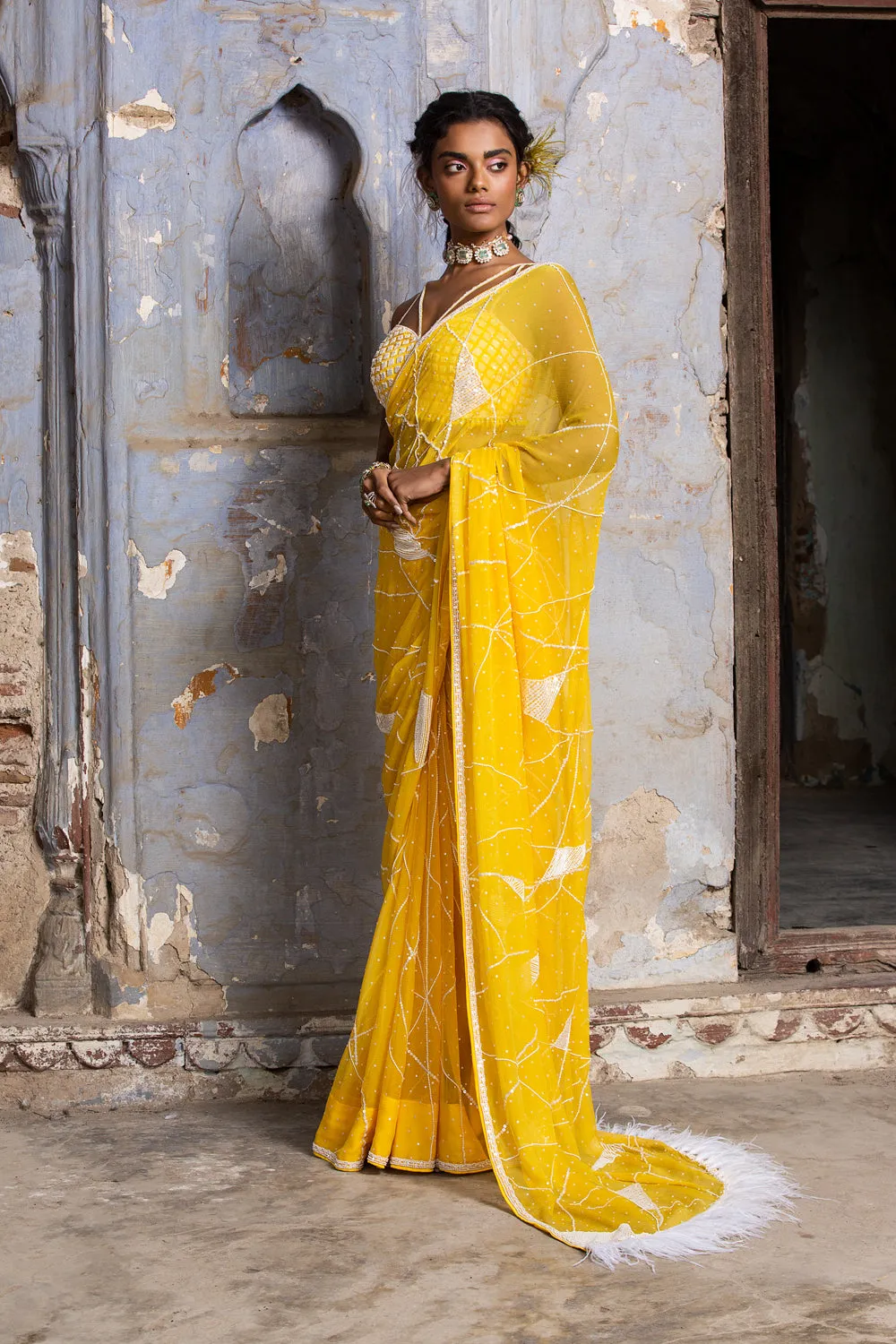 Yellow Chiffon Saree With Organza Blouse