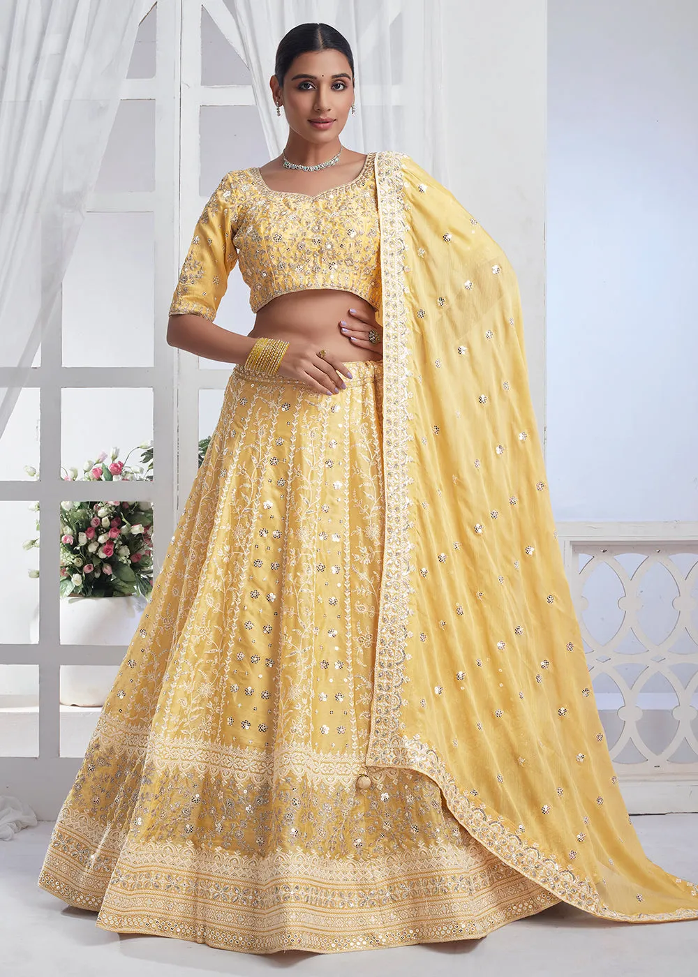 Yellow Designer Style Embroidered Wedding Lehenga Choli